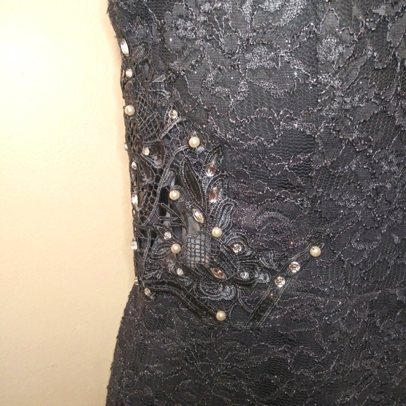 City Studio Pearl & Rhinestone Studded Sparkly Gray Lace Sheath Cocktail Dress - Picture 3 of 14